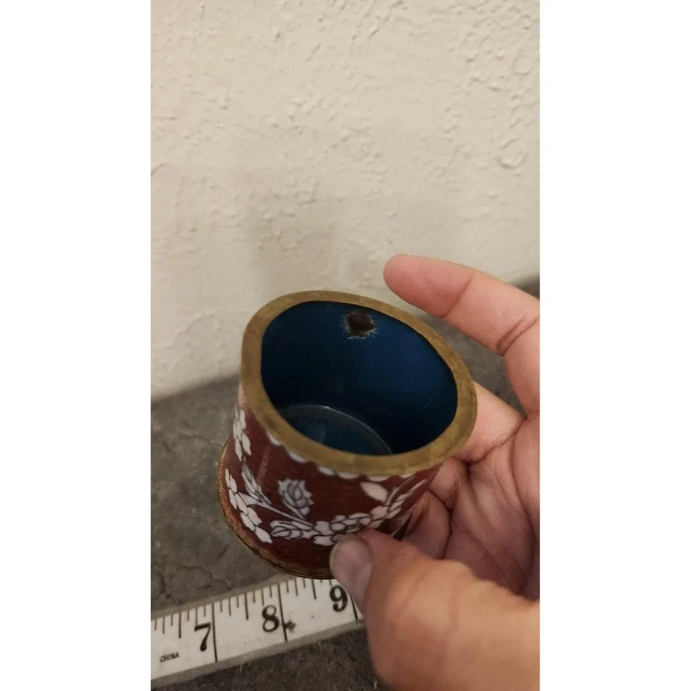 Vintage Chinese Cloisonne Red Floral Enamel Mini Pot Toothpick Holder‎ Decor